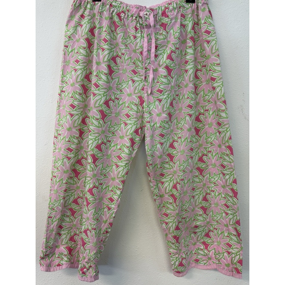 Lilly Pulitzer PJ Pajama Cotton Crop Pants  Scallop Hem Pink Green Daisy Size M